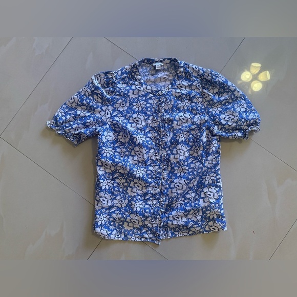 J Crew Linen-cotton blend ruffle top with puff sleeves  White/ Floral Summer XS - Picture 13 of 16